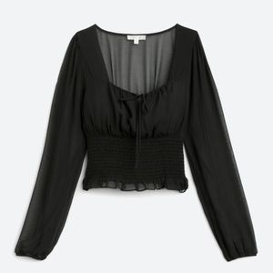 nine britton sheer black long puff sleeve scoop neck smocked peasant blouse-S